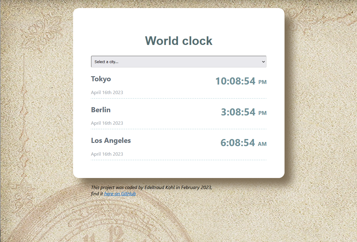 screenshot of world clock application 